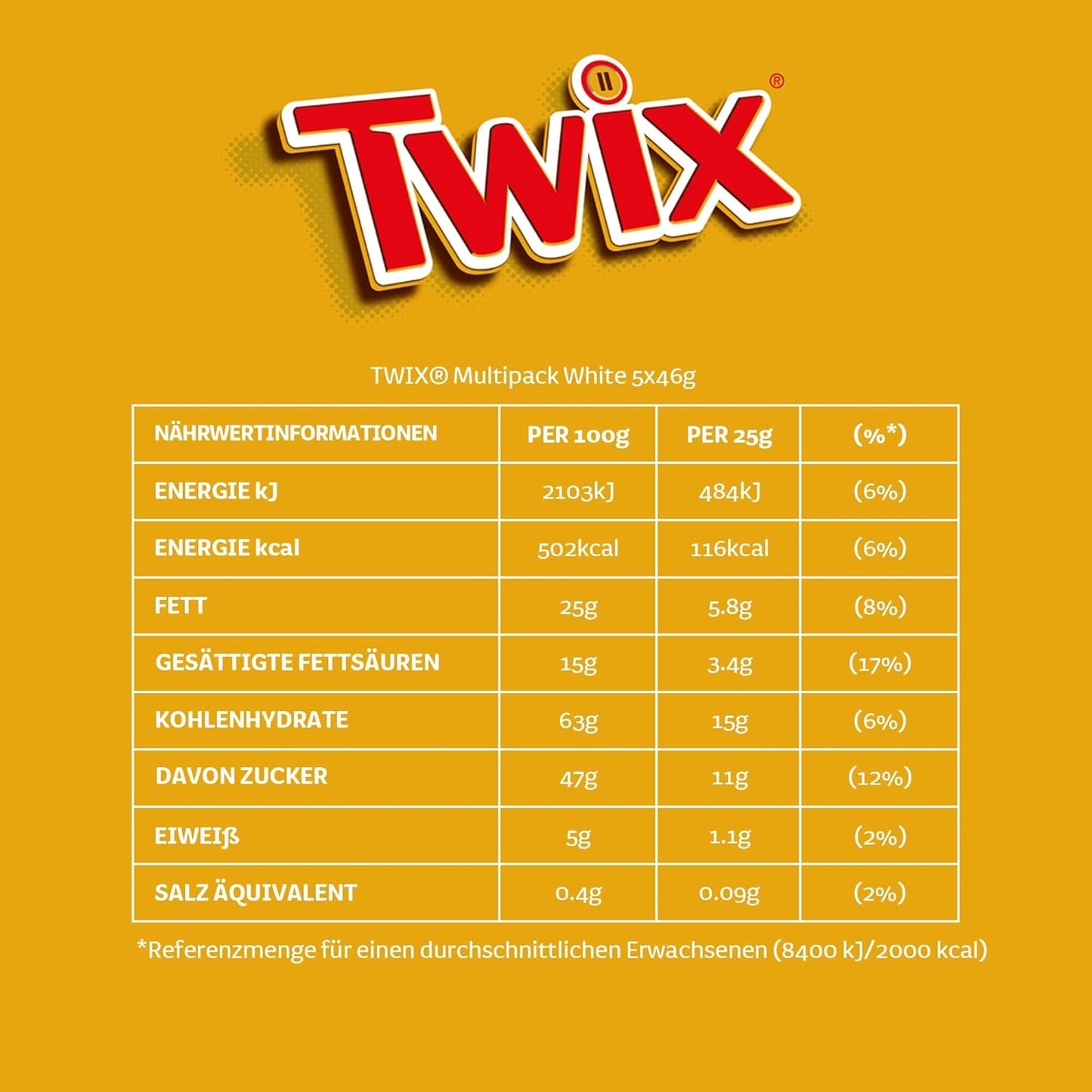 Barras de chocolate blanco Twix; caramelo, galletas, chocolate blanco; paquete múltiple de chocolates; 5 barras (5 x 46 g)