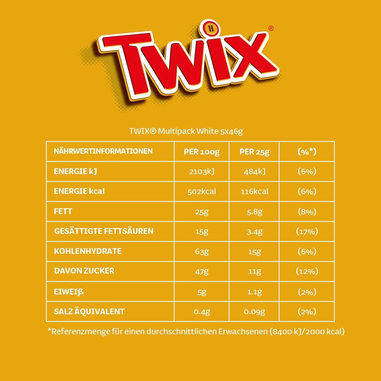 Barras de chocolate blanco Twix; caramelo, galletas, chocolate blanco; paquete múltiple de chocolates; 5 barras (5 x 46 g)