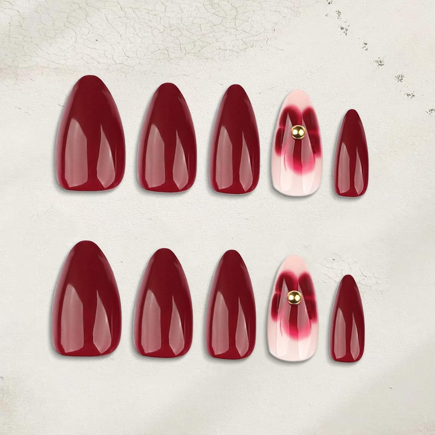 24 flores de color burdeos con armadura de diamantes, prensa en uñas, pegamento en uñas artificiales, juego de puntas de uñas