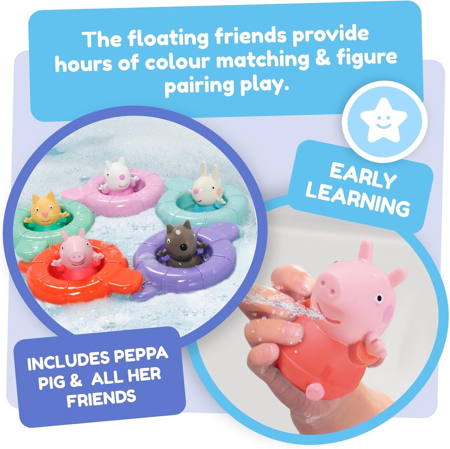 Tomy Toomies Peppa's Pool Party - 5 vasos con aro conector con 5 juguetes para niños Peppa Pig & Friends Water Squirter - juguetes de baño +18 meses - Juguetes de baño y piscina para niños Bebe Toys Naty Shop