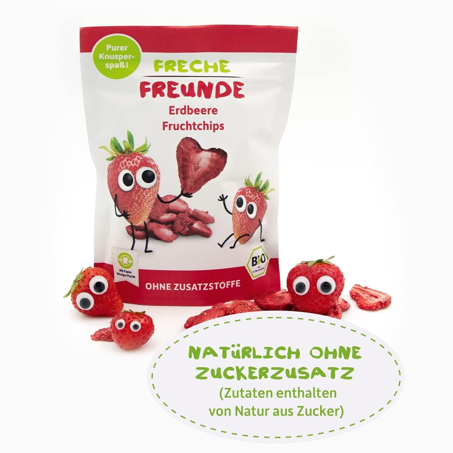 FRECHE FREUNDE Chips de frutas de fresa orgánicos, chips de frutas liofilizadas, frutas secas en rodajas naturales sin azúcar añadido, vegano, sin lactosa, sin gluten, paquete de 12 (12 x 12 g)