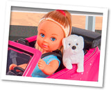 Simba 105731539 - Evi Love Beetle Evi's, Evi con coche, coche: 22 cm, con perro, muñeca de moda, 12 cm, para niños a partir de 3 años
