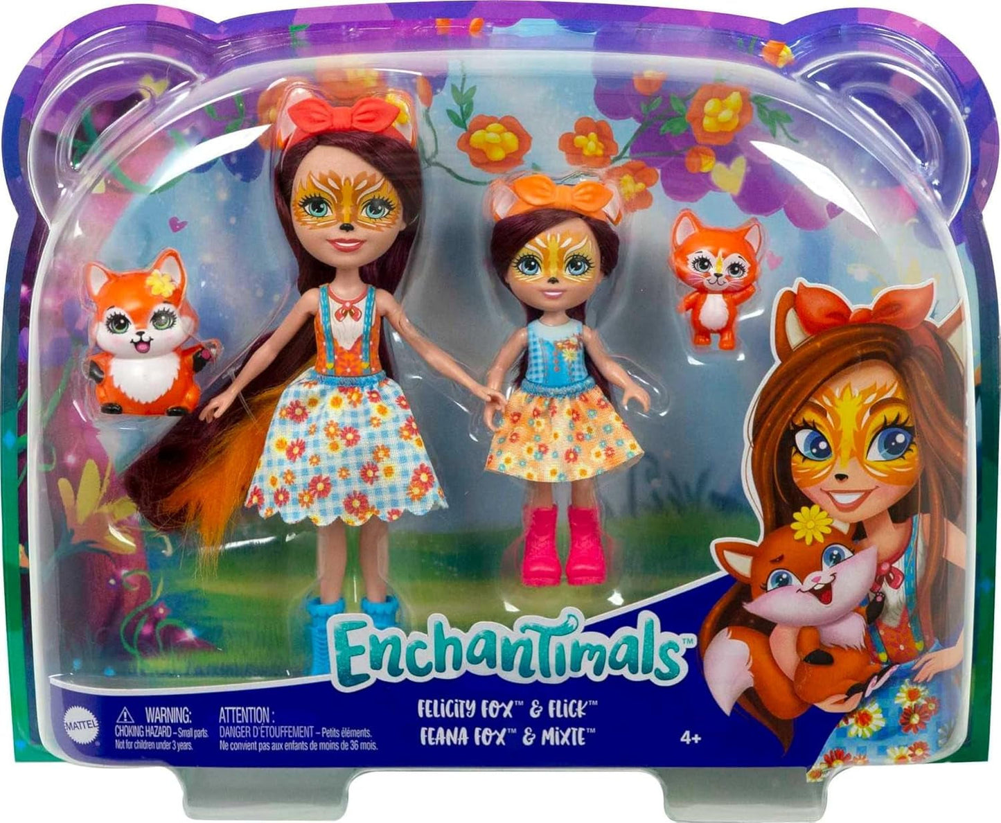 Enchantimals HCF81 - Felicity Fox y su hermana pequeña (aprox. 15 cm y aproximadamente 10 cm) y 2 figuras de animales, falda desmontable y accesorios, gran regalo para niños a partir de 3 años