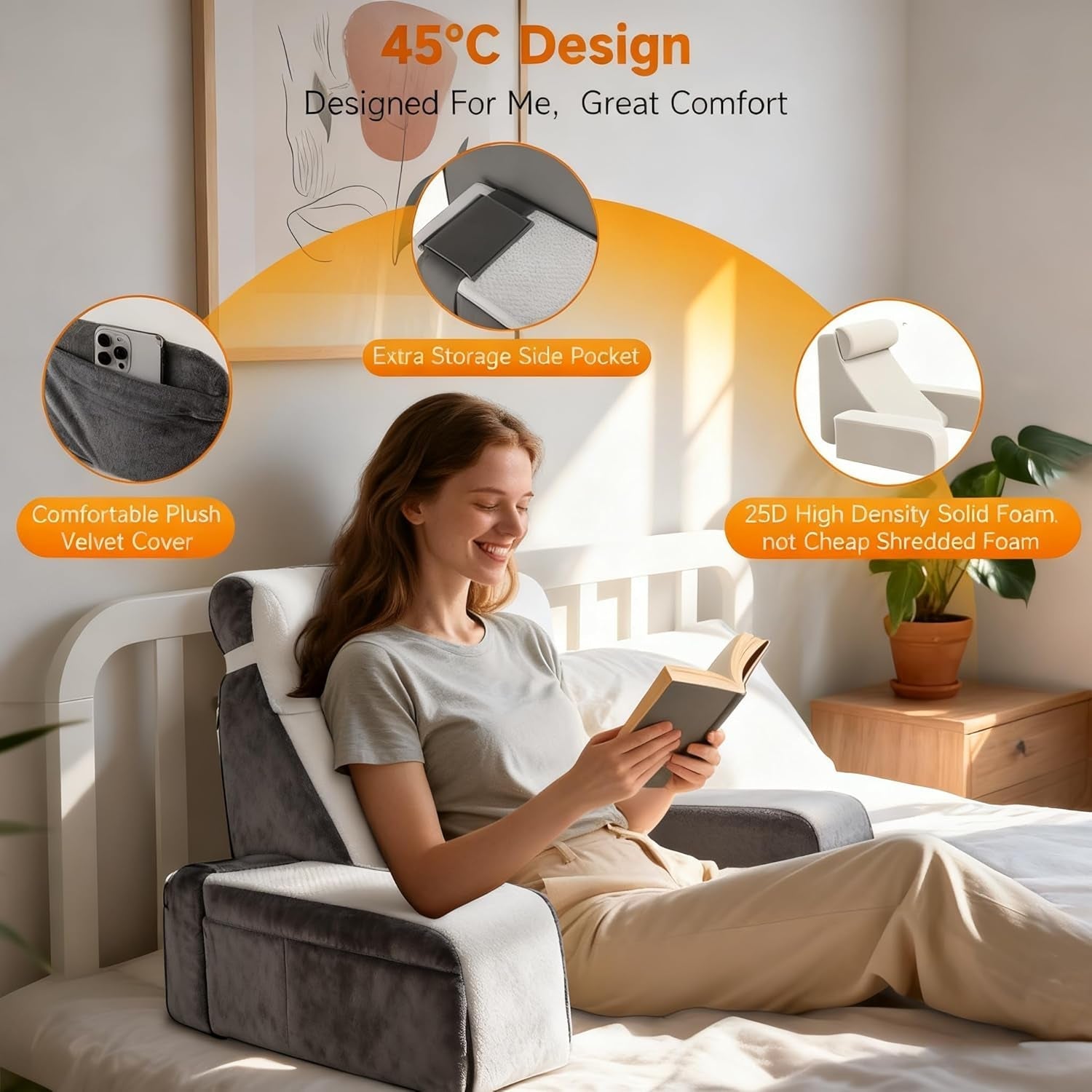 Almohada de lectura grande con soporte para el cuello y reposabrazos extraíbles, almohada de respaldo para cama, almohada de respaldo ergonómica con brazo, bolsillo y funda lavable para leer y ver televisión.