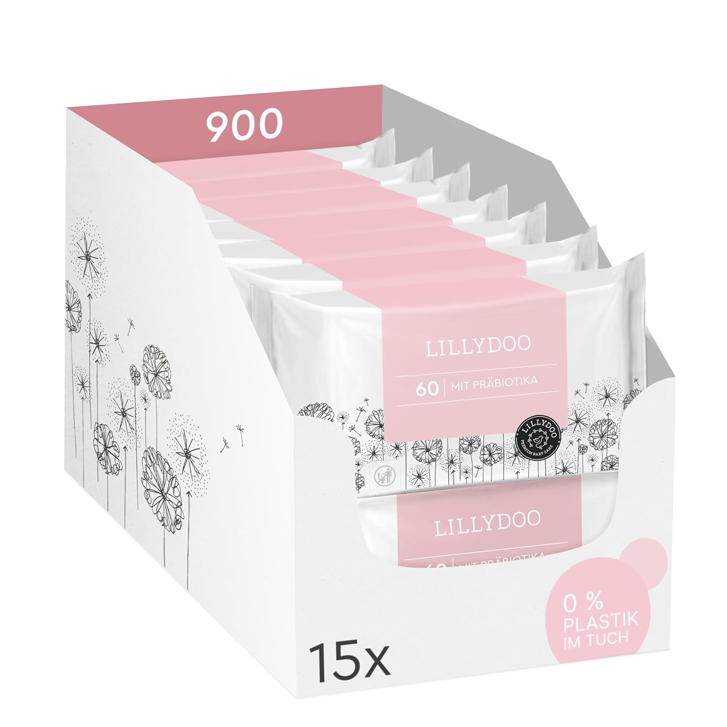 LILLYDOO Toallitas húmedas verdes, 600 unidades (10 x 60), toallitas 100 % libres de plástico, resistentes a desgarros, sin fragancia, suave y natural, limpieza suave para pieles sensibles, dermatológicamente probadas
