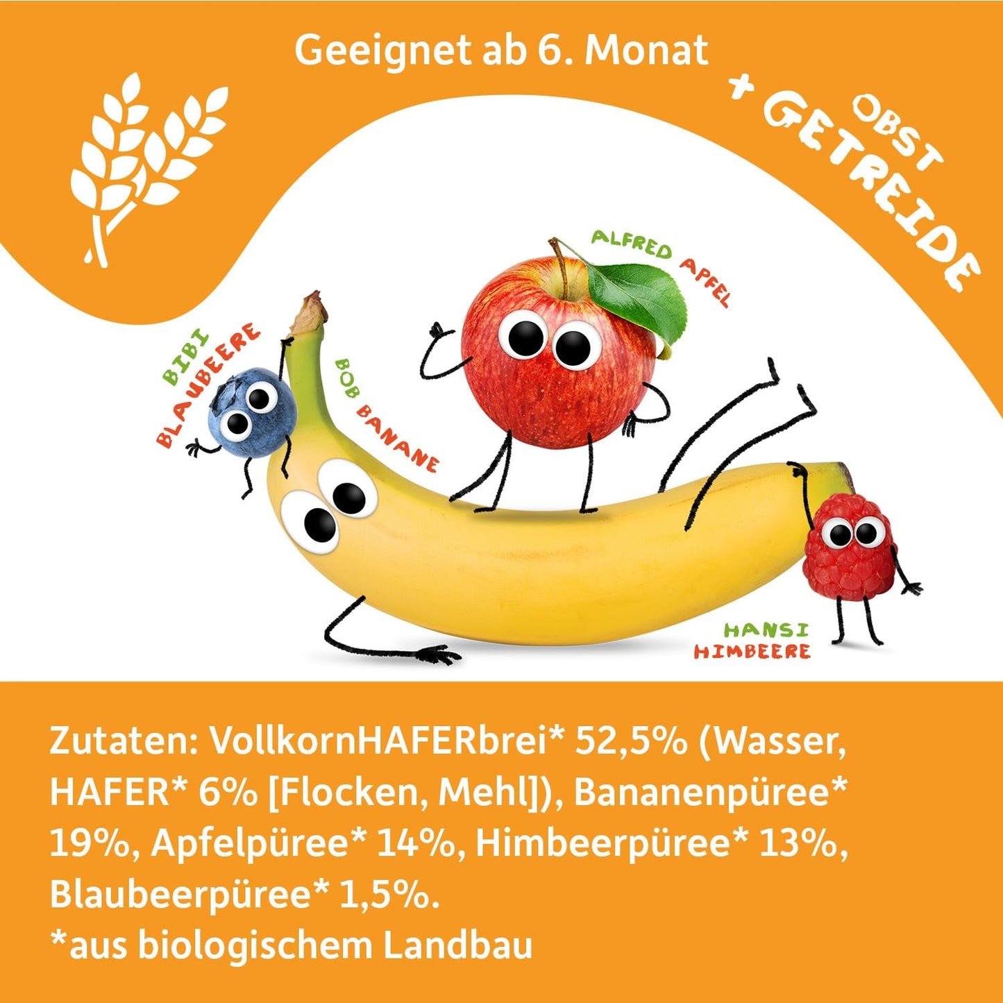FRECHE FREUNDE Bolsita de frutas ecológicas Plátano, manzana, frambuesa, arándanos con avena, puré de frutas con cereales en bolsita comprimible para bebés a partir de 6 meses, vegano, paquete de 6 (6 x 100 g)