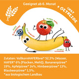 FRECHE FREUNDE Bolsita de frutas ecológicas Plátano, manzana, frambuesa, arándanos con avena, puré de frutas con cereales en bolsita comprimible para bebés a partir de 6 meses, vegano, paquete de 6 (6 x 100 g)