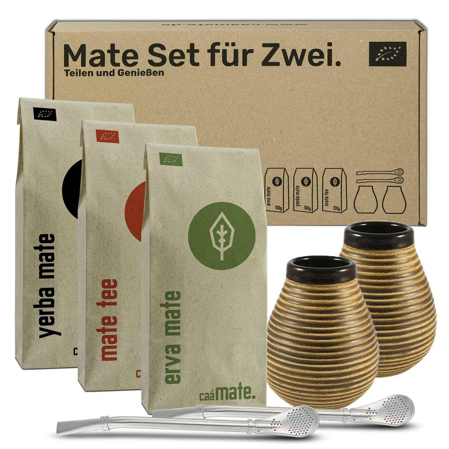 Juego de mate para dos, orgánico ● 2 tazas de mate + 2 bombillas + 300 g de mate + instrucciones de preparación