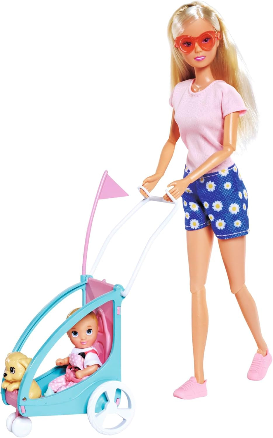 Steffi Love Bike Trailer, muñeca en bicicleta con remolque para bebé, perro y auriculares, a partir de 3 años
