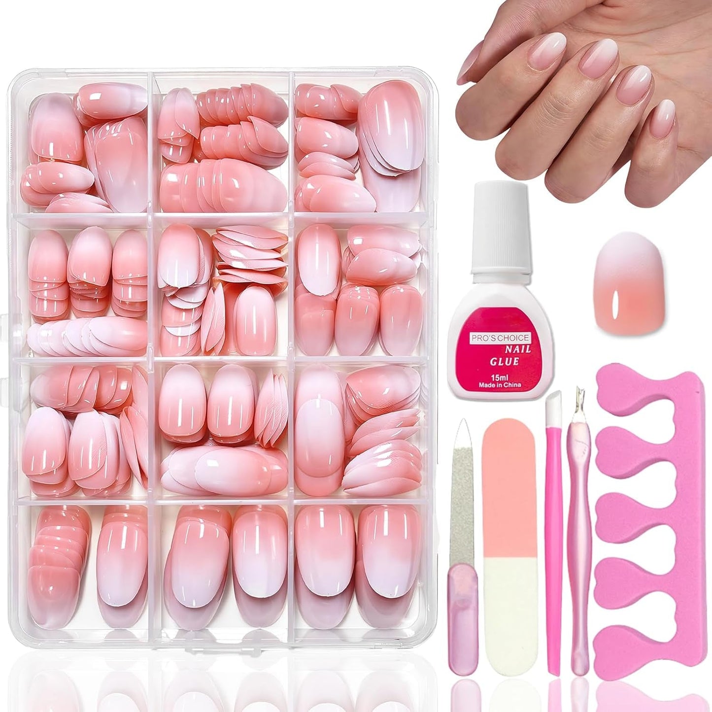 Kit de 360 ​​Piezas de Uñas Postizas - Uñas Postizas Degradadas Cortas, Color Rosa Desnudo y Blanco - Pegamento Cuadrado en Uñas Postizas - Uñas Autoadhesivas Brillantes de Cobertura Completa para Mujeres y Niñas (Cuadrado)