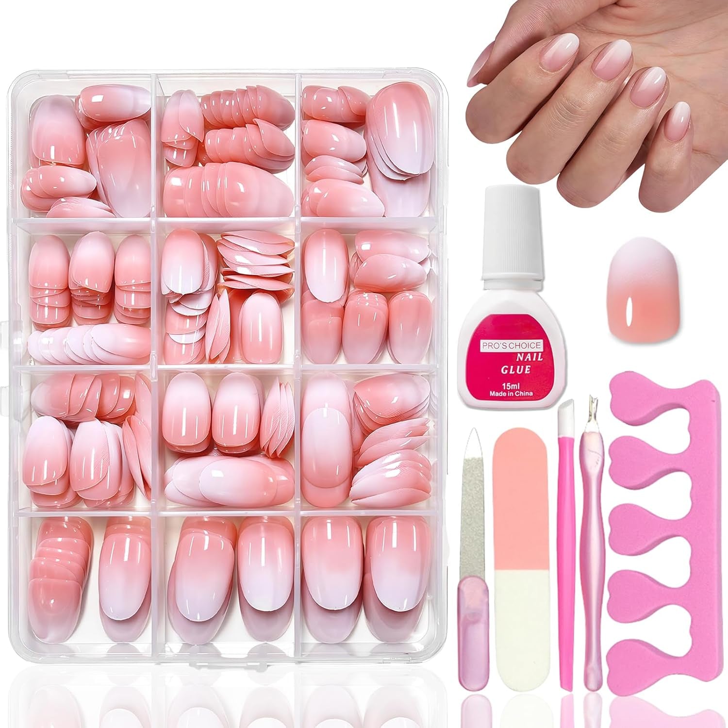 Kit de 360 ​​Piezas de Uñas Postizas - Uñas Postizas Degradadas Cortas, Color Rosa Desnudo y Blanco - Pegamento Cuadrado en Uñas Postizas - Uñas Autoadhesivas Brillantes de Cobertura Completa para Mujeres y Niñas (Cuadrado)