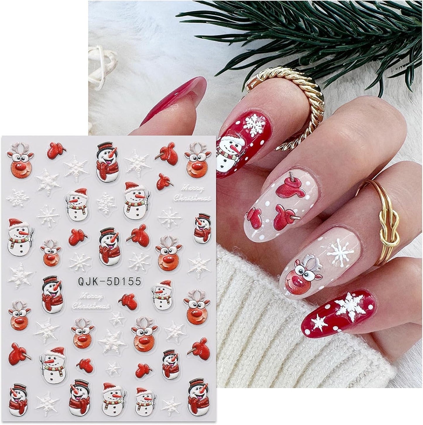 JMEOWIO 3D Nagelsticker Weihnachten Nail Art Sticker Selbstklebend Nagelaufkleber 5D Stereoskopisch Schneeflocke Christmas Winterurlaub Niedlich Dekoration Nageldesign Zubehör 4 Blatt