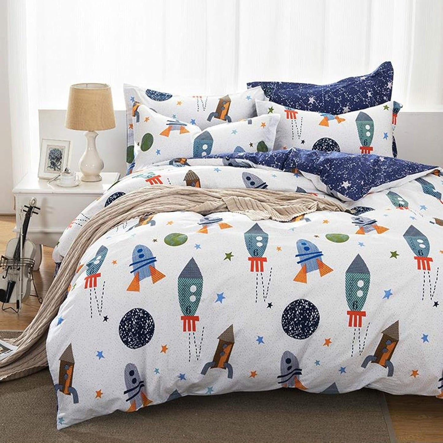Ropa de Cama Infantil, Cohetes y Planetas, Diseño Reversible, Algodón Ropa de Cama - Infantil Naty Shop 155X220Cm + 50X75Cm