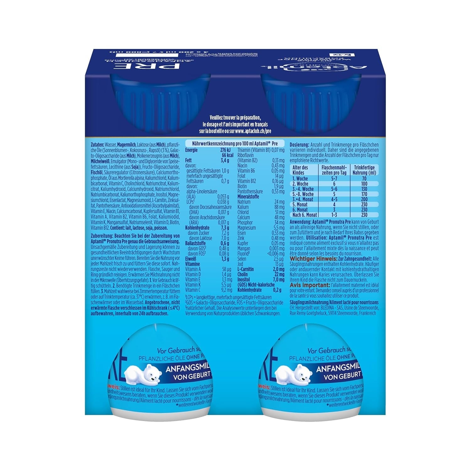 Aptamil Pronutra Pre - Fórmula infantil desde el nacimiento - Con aceites vegetales, sin aceite de palma - 6 x 4 x 200 ml (4800 ml)