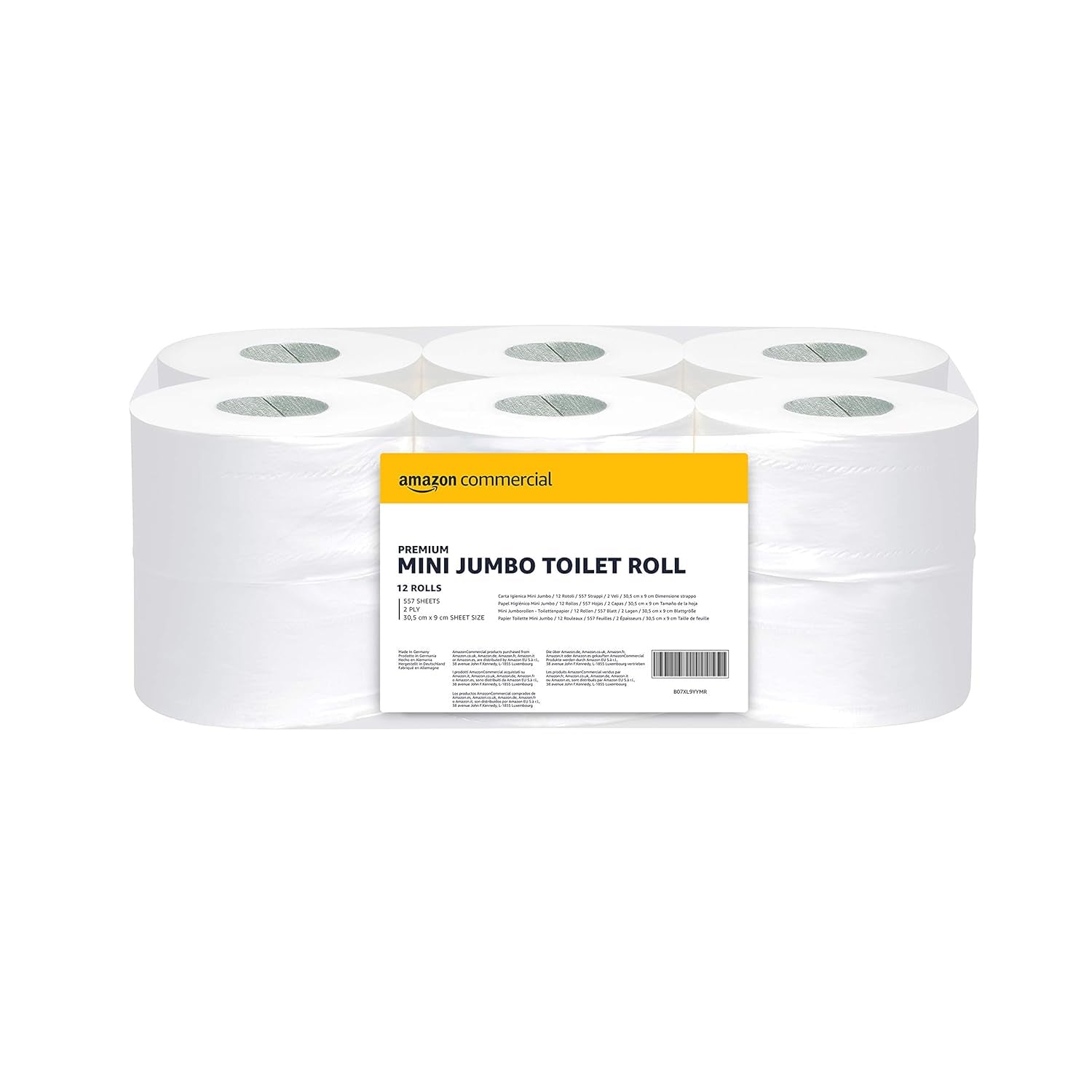 Amazoncommercial Papel higiénico Mini Jumbo, sin perfume, 2 capas, 6684 piezas, 1 paquete de 12 rollos, 557 hojas por rollo, tamaño de hoja: 30,5 x 9 cm, blanco, compatible con dispensadores T2