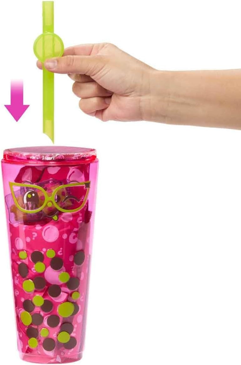 Muñeca Barbie Pop Reveal Bubble Tea y accesorios, muñeca de moda perfumada Berry Bliss con mascota, 8 sorpresas, incluye cambiador de color, vaso de almacenamiento, HTJ20