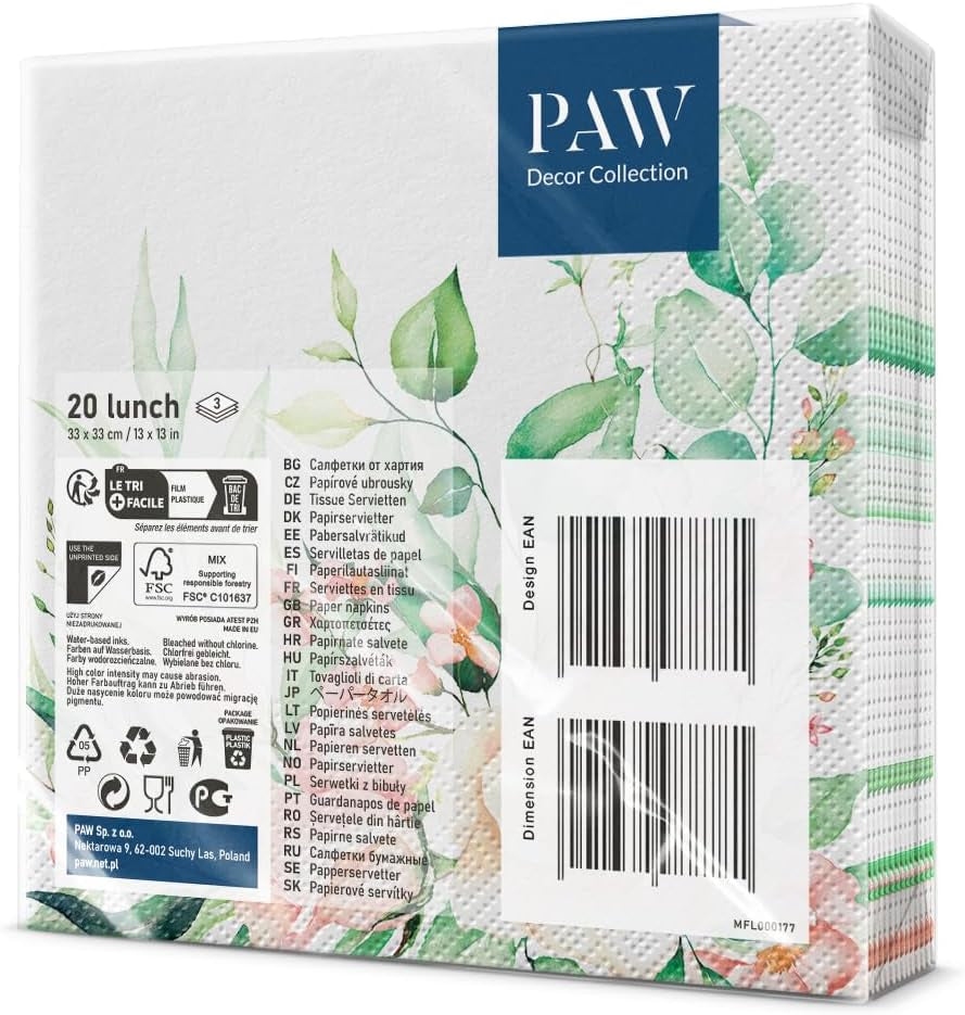 PAW - Servilletas de 3 capas (33 x 33 cm) I 20 piezas I Perfectas para cumpleaños, fiestas, bodas, comuniones y días festivos I Servilletas de papel de colores - Flores, rosas I Color: Momentos florales (Pack de 2)