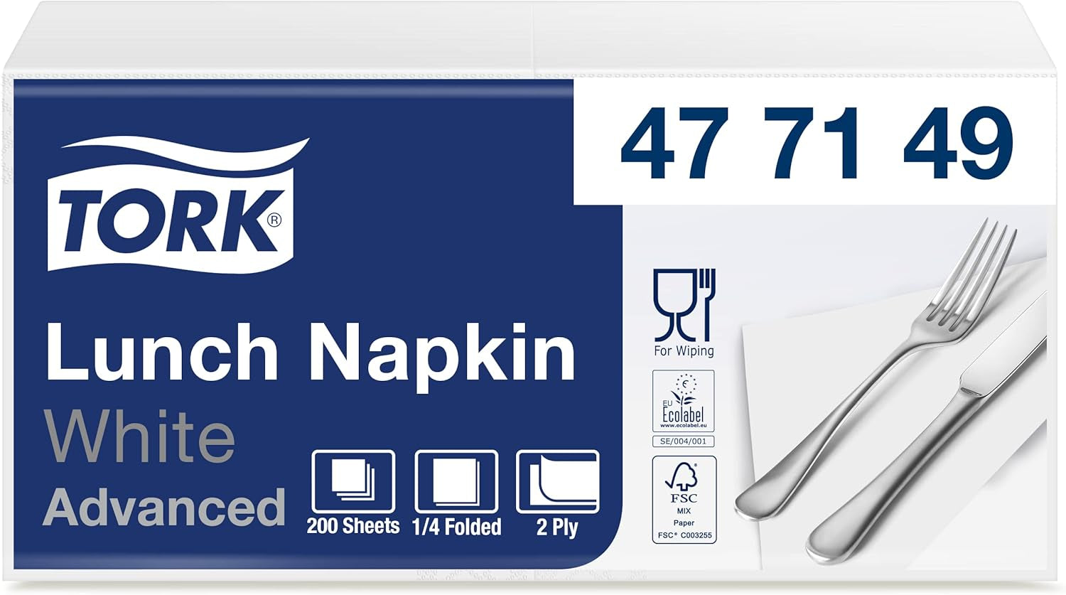 Tork Servilleta suave para el almuerzo blanca, pliegue 1/8, 3 capas, 33 cm × 33 cm, 150 servilletas, 477416