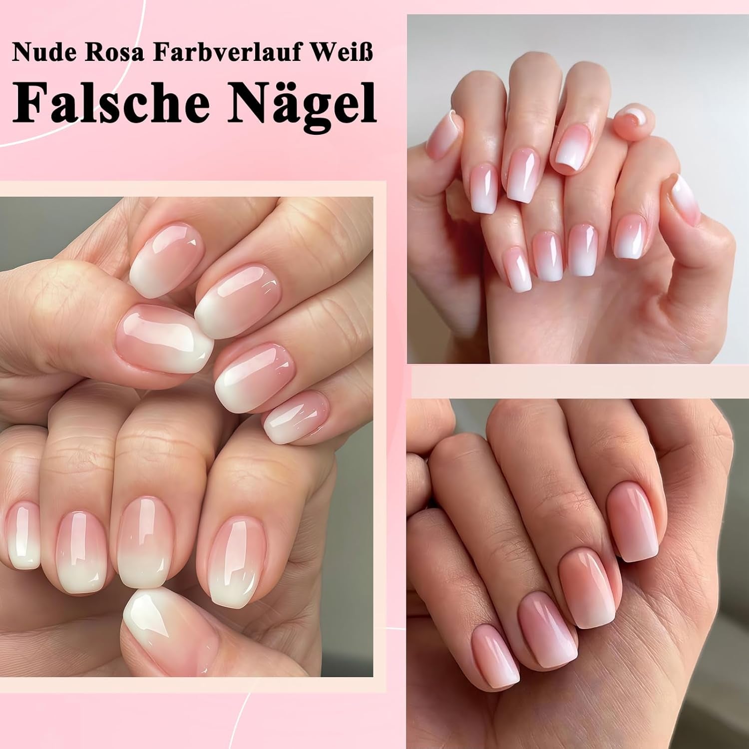 Kit de 360 ​​Piezas de Uñas Postizas - Uñas Postizas Degradadas Cortas, Color Rosa Desnudo y Blanco - Pegamento Cuadrado en Uñas Postizas - Uñas Autoadhesivas Brillantes de Cobertura Completa para Mujeres y Niñas (Cuadrado)