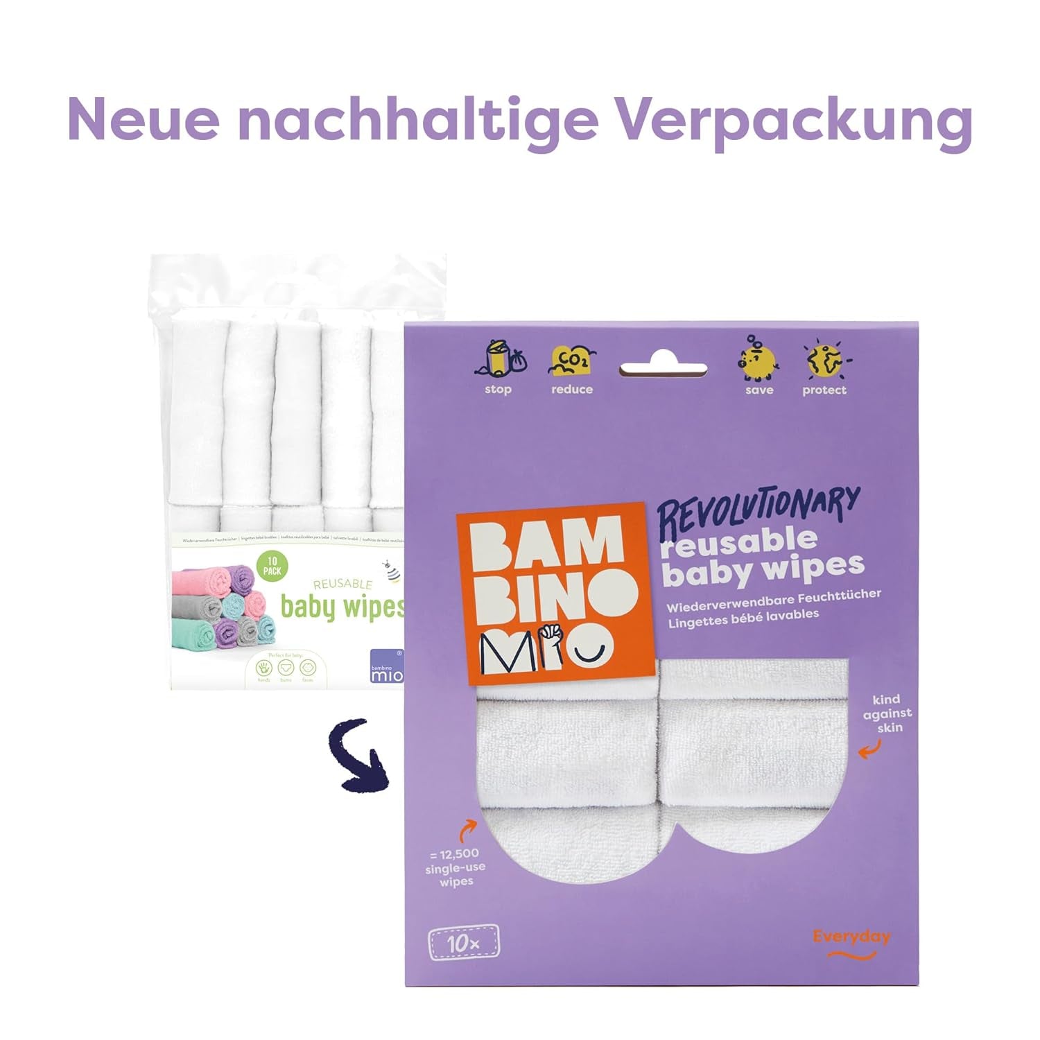 Toallitas reutilizables para bebé Bambino Mio - Básicas - Ecológicas, sin químicos, de doble cara, lavables, paquete de 10, nube - El embalaje puede variar