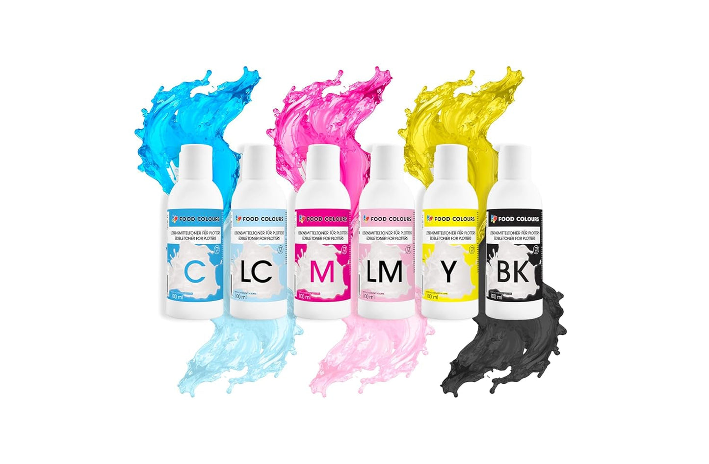Set de colorantes alimentarios con tintas comestibles para plotters 6 x 100 ml | Cian claro | Cian | magenta claro | | Magenta | Amarillo | Negro | Impresión comestible, impresión de papel de oblea, cobertura decorativa para pasteles