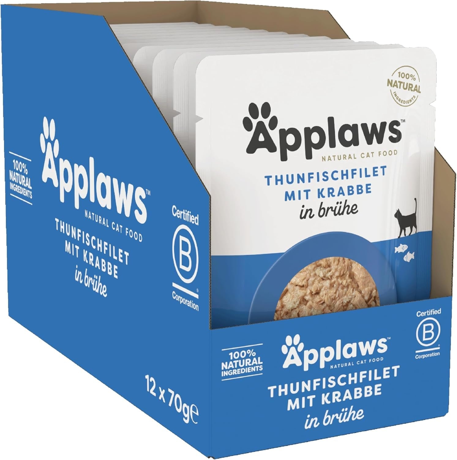 Applaws Nassfutter 100% natural para Katzen, Thunfischfilet mit Krabben in Brühe - Paquete con 12 bolsas de 70 g