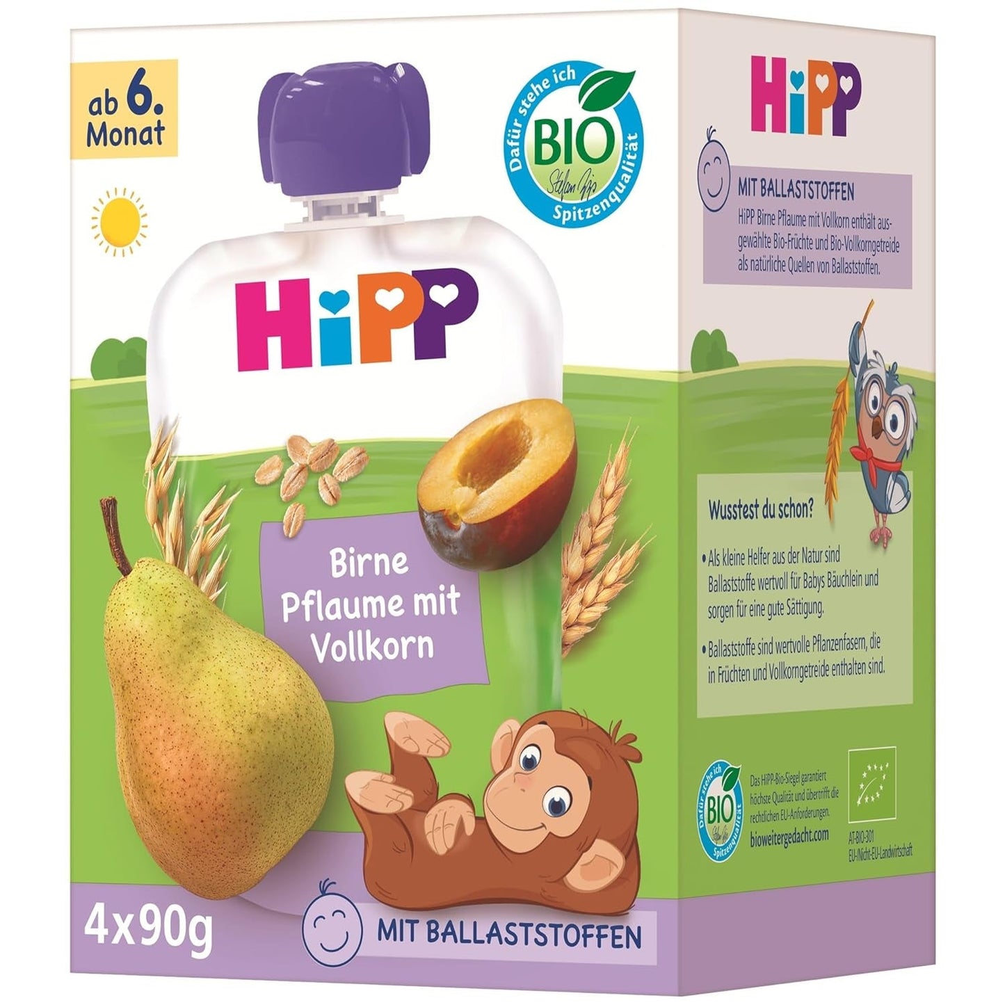 HiPP Bolsitas orgánicas de pera y ciruela, integrales, 16 piezas (4 paquetes de 4 x 90 g cada uno), para bebés a partir de 6 meses, sin azúcar añadido, vegano, la mejor calidad orgánica