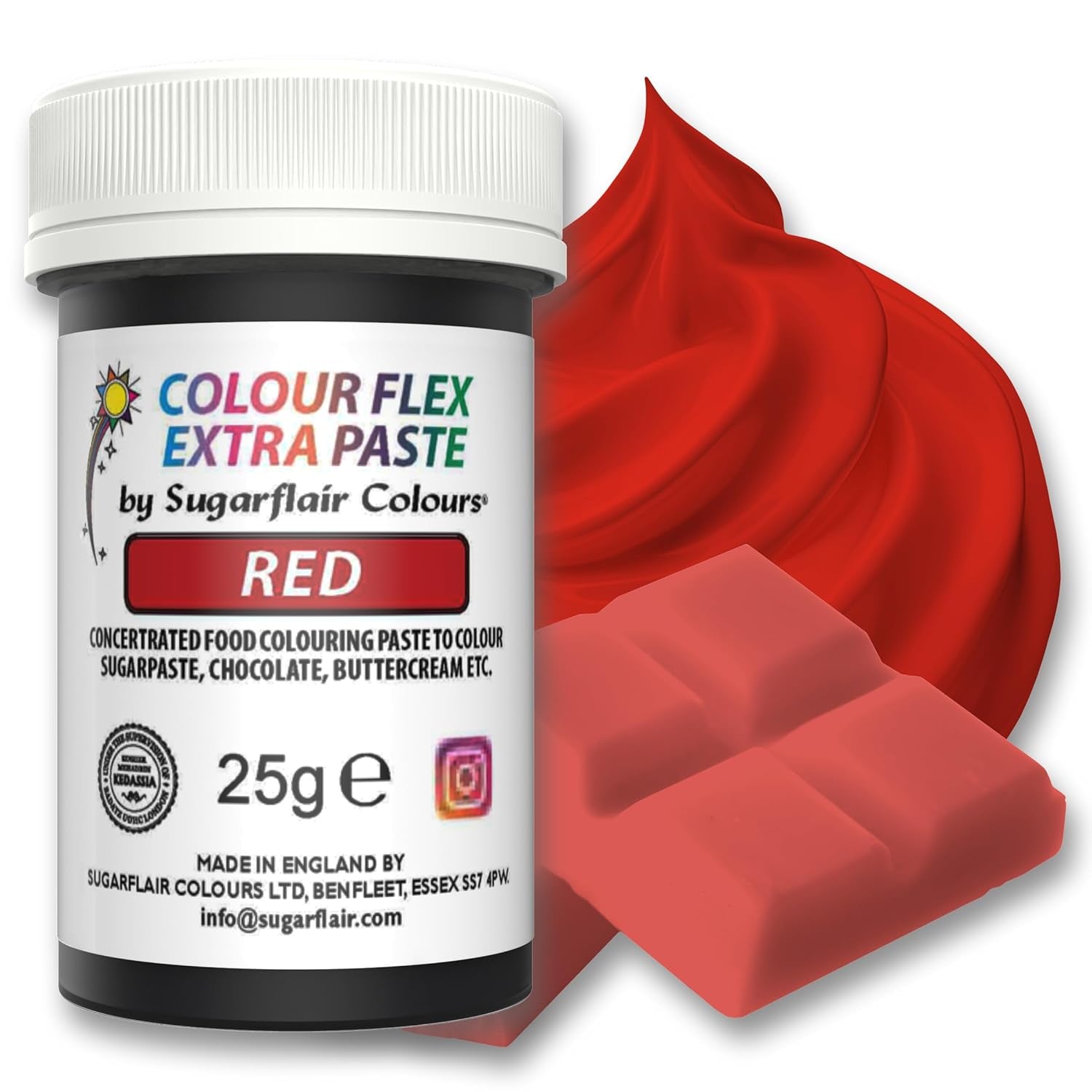 Colorante alimentario Sugarflair Colourflex Extra Paste, rojo - Colorante alimentario comestible para crema de mantequilla, chocolate, pasta de azúcar, glaseado, fondant, mezclas para pasteles, masa y más - 25 g