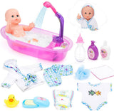 deAO Set de Bañera para Muñecas, Muñeca Interactiva de 33 cm, Baño para Muñecas, Set de Juego para Muñecas con Chupete, Ropa para Muñecas, Albornoz, Pañales para Muñecas, Bañera y Spray de Ducha Funcional