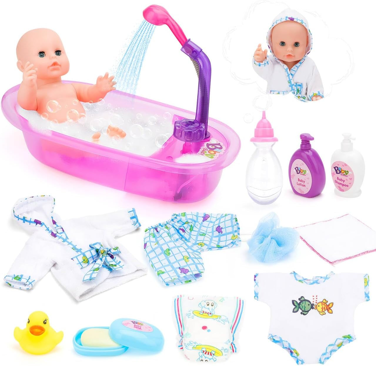 deAO Set de Bañera para Muñecas, Muñeca Interactiva de 33 cm, Baño para Muñecas, Set de Juego para Muñecas con Chupete, Ropa para Muñecas, Albornoz, Pañales para Muñecas, Bañera y Spray de Ducha Funcional