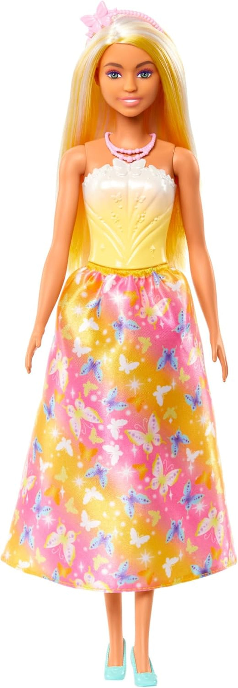 Muñeca Barbie Real con pelo elegante con mechones de colores, accesorios coloridos, top amarillo degradado y falda de mariposa, HRR09 Naty Shop Dolls