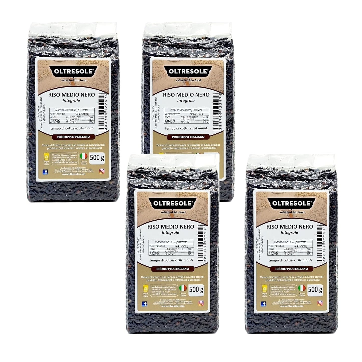 Arroz Italiano Integral, Arroz Sin Refinar Rico en Fibra, Ideal para Ensaladas de Arroz Creativas y Platos Saludables, Envasado al Vacío, 4 Paquetes x 500g