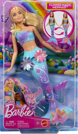Barbie Meerjungfrauen-Spielzeug Puppe mit magischer Überraschungs Blüte, Schwanzflosse mit Farbverlauf, perlenbesetzten Haarreif und langem blondn Haar mit rosa Strehchen, JDM72