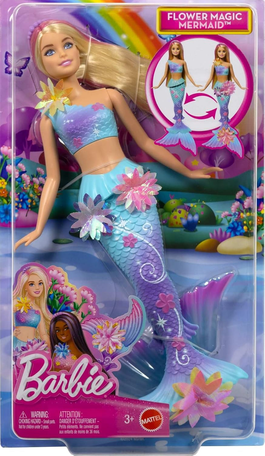 Barbie Meerjungfrauen-Spielzeug Puppe mit magischer Überraschungs Blüte, Schwanzflosse mit Farbverlauf, perlenbesetzten Haarreif und langem blondn Haar mit rosa Strehchen, JDM72