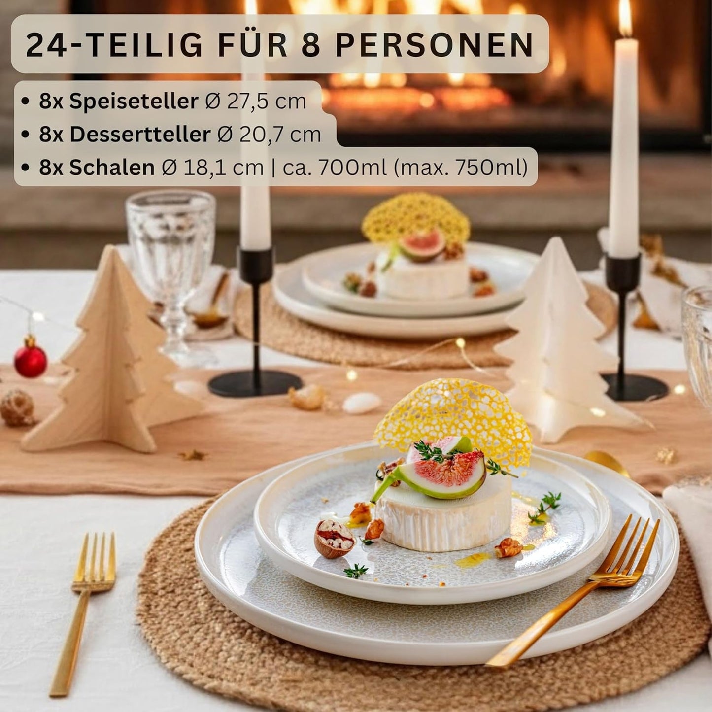SANGER | Juego de vajilla Corfu de 24 piezas, servicio de mesa para 8 personas, vajilla de cerámica hecha a mano, incluye platos llanos, platos de postre y platos de suma, vajilla color crema con textura arenosa