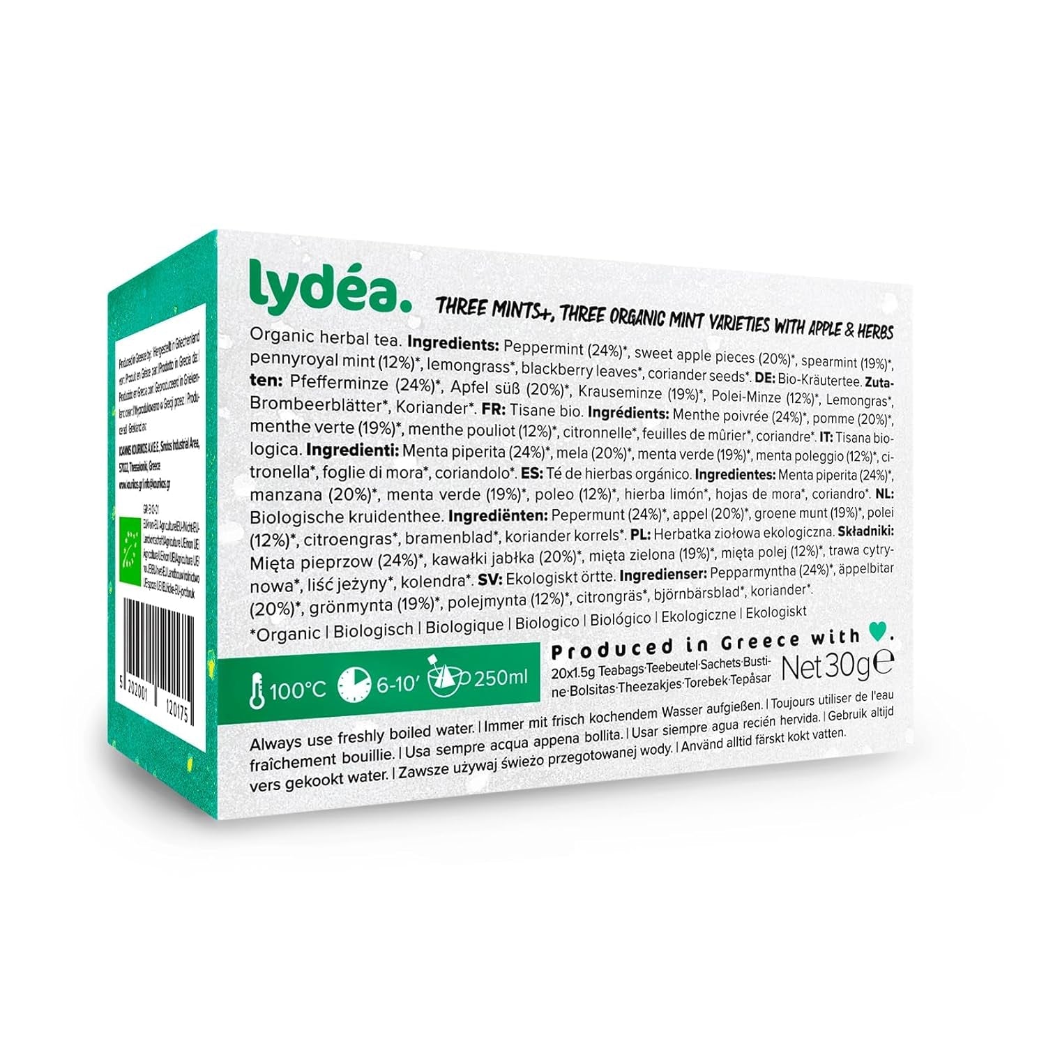 Lydea Three Mints+ Té de hierbas orgánico con tres surtidos de menta, manzana y hierbas, 60 pirámides, paquete de 3 [3 x 20 pirámides]