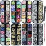 Kit de 8 cajas de strass para decoración de uñas, juego de strass para decoración de uñas, Nagel Kunst Strasssteine ​​​​Gems Perlen Edelsteine ​​​​Bunt Pferdeaugen Strass para Nageldesign Zubehör con 1 pinzetten y 1 Strass Picker para bricolaje