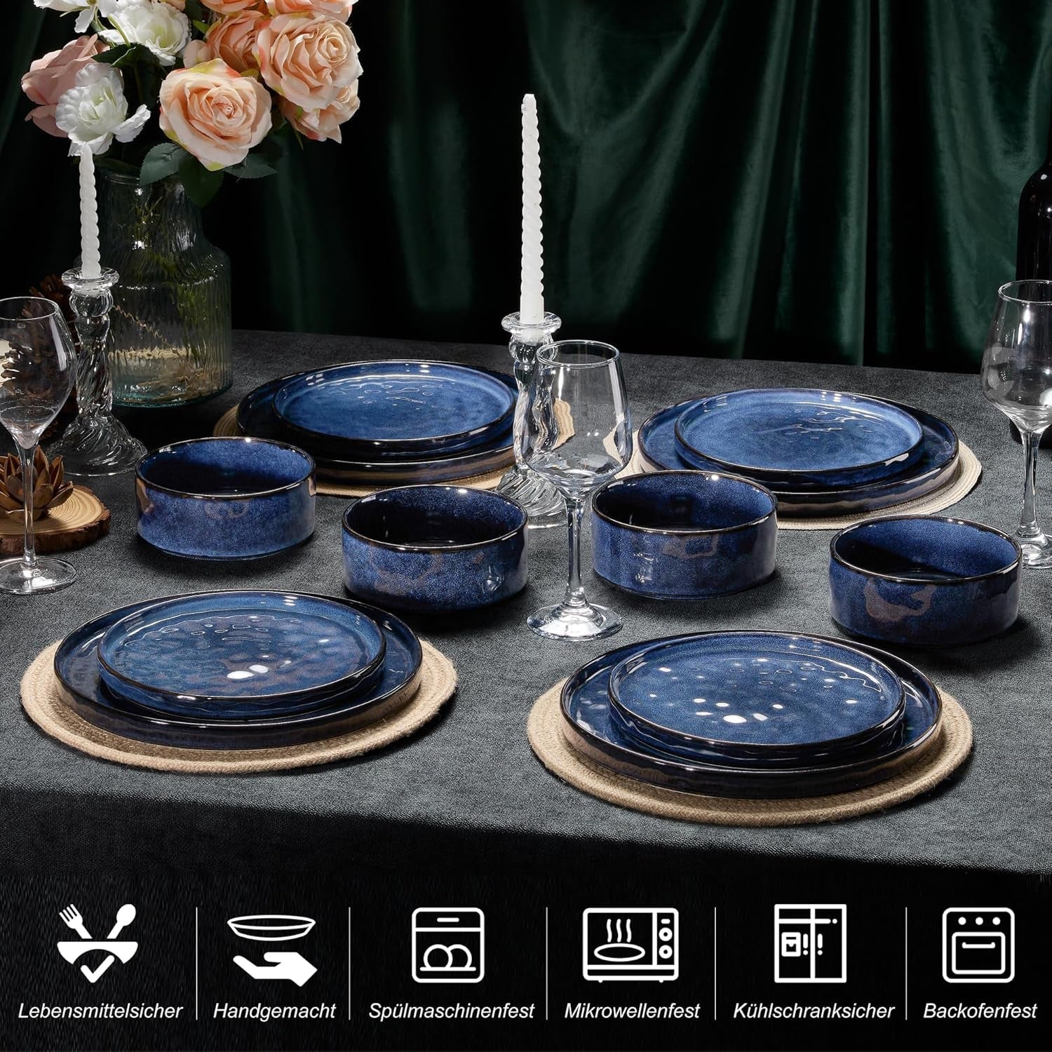Homikit Juego de Vajilla de 12 Piezas para 4, Combo de Vajilla con Platos, Platos de Postre y Cuencos de Cereal, Apto para Microondas y Lavavajillas, Azul Elegante