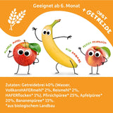 FRECHE FREUNDE Melocotón, Manzana, Plátano, Avena, Puré de Frutas Orgánicas con Cereales en una Bolsa Exprimible para Bebés a Partir de 6 Meses, Vegano, Paquete de 6 (6 x 100 g)