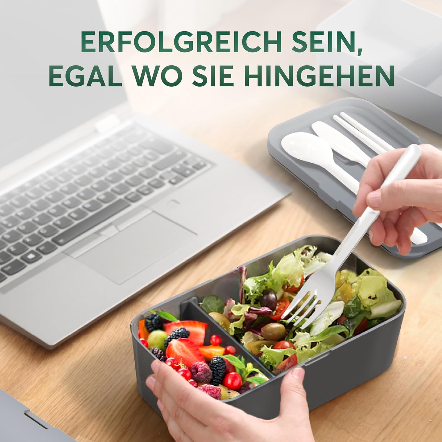 Umami Fiambrera para Adultos, Fiambrera Bento Apilable con 4 Cubiertos y Compartimentos, Fiambrera para Adultos, Contenedor de Ensalada para Llevar, Fiambrera para Picnic/Oficina, Gris Antracita, Cajas de Almacenamiento de Alimentos 1500ml Naty Shop