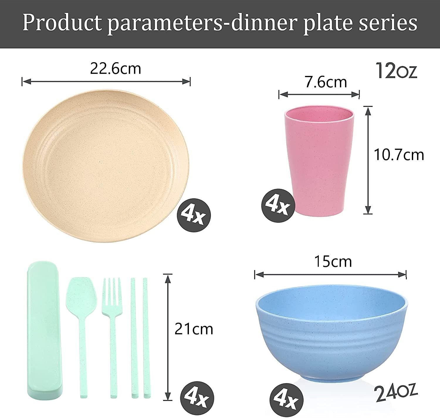 Juego de cubiertos de plástico para camping para 4 personas, reutilizables, indestructibles, platos, tazas, tazones y cubiertos, ligeros, ecológicos, reutilizables, aptos para microondas y lavavajillas