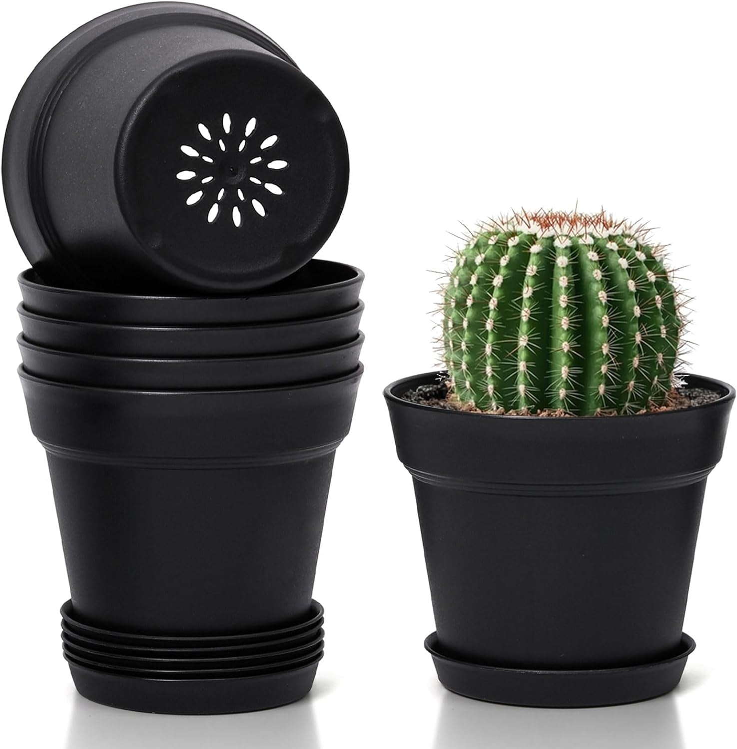 T4U Maceta de Plástico con Platillo de 16 cm, Juego de 6 Macetas de Plástico para Hierbas con Múltiples Orificios de Drenaje, Maceta Redonda para Plantas Suculentas de Interior y Balcón, Cactus, Blanco