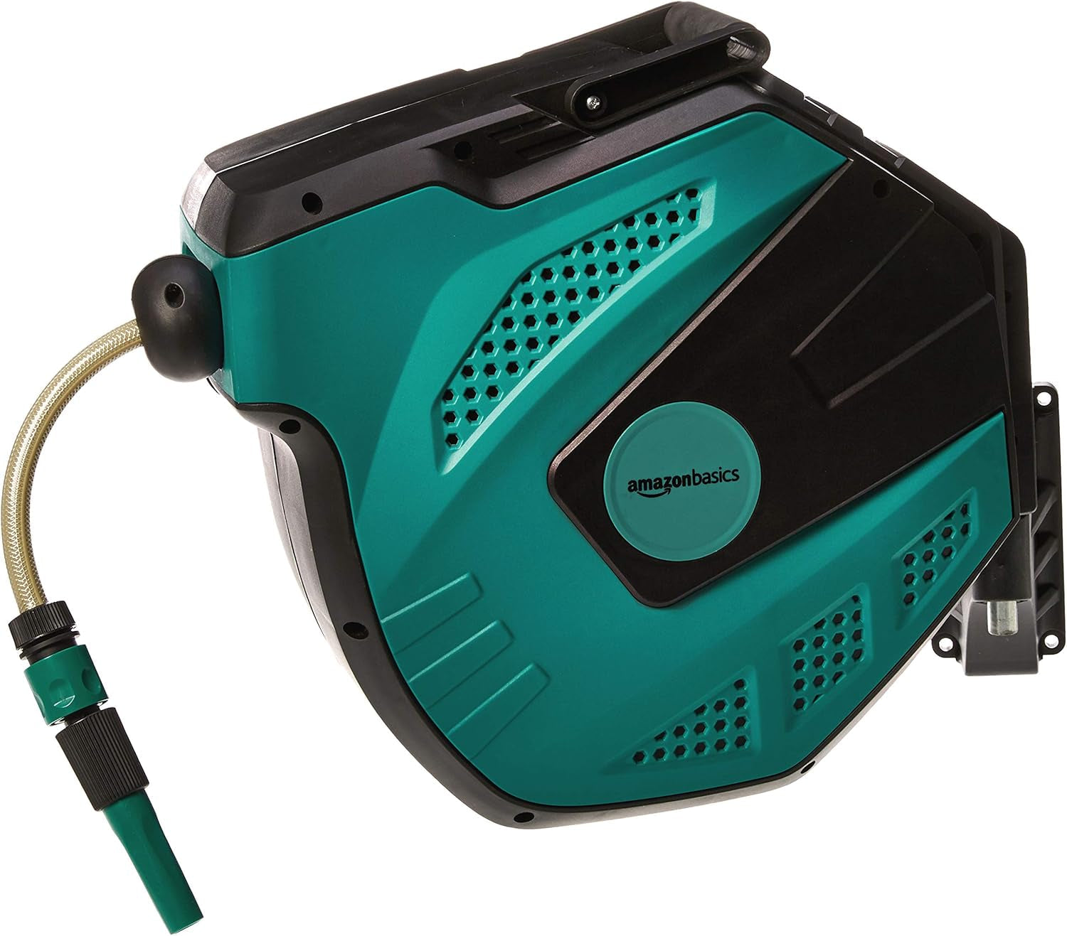 Amazon Basics Enrollador de manguera de pared con manguera, enrollado automático, 15 m, verde marino, negro