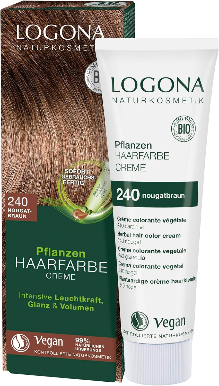 LOGONA Cosmética Natural Coloración Vegetal en Crema 240 Castaño Turrón, Tinte natural para cabello castaño con henna, crema colorante para tonos castaños, colorante para cabello oscuro, 150ml Tinte para el cabello Naty Shop 240 Castaño Turrón