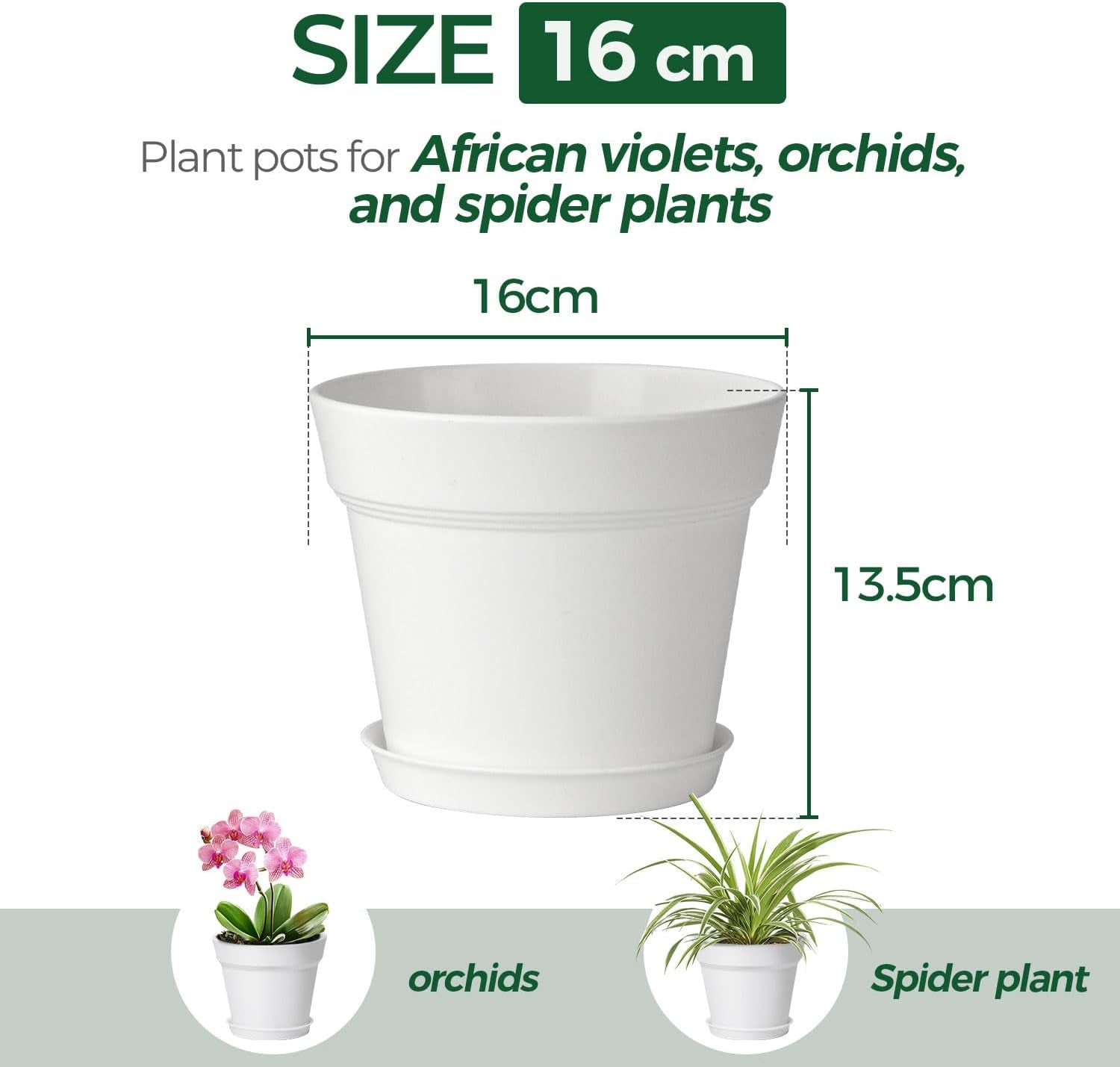 T4U Maceta de Plástico con Platillo de 16 cm, Juego de 6 Macetas de Plástico para Hierbas con Múltiples Orificios de Drenaje, Maceta Redonda para Plantas Suculentas de Interior y Balcón, Cactus, Blanco