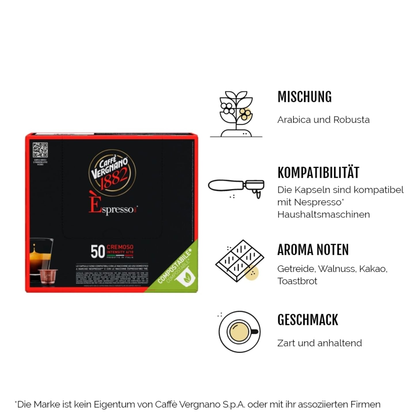 Caffè Vergnano 1882 - Èspresso Kompostierbare Kaffeekapseln, Compatible con Nespresso, Cremoso (Cremoso) - Packung Enthält 50 Kapseln