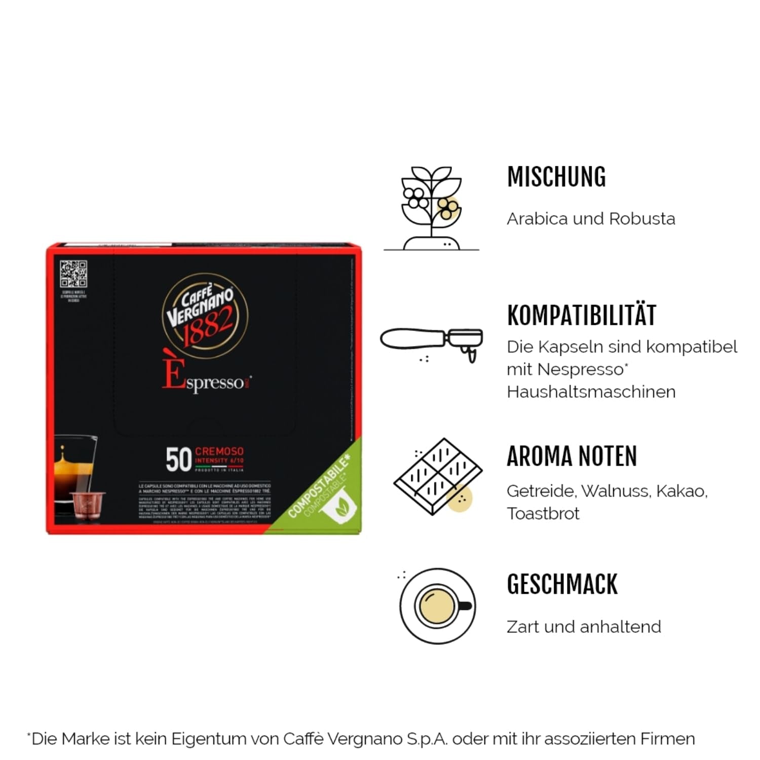 Caffè Vergnano 1882 - Èspresso Kompostierbare Kaffeekapseln, Compatible con Nespresso, Cremoso (Cremoso) - Packung Enthält 50 Kapseln