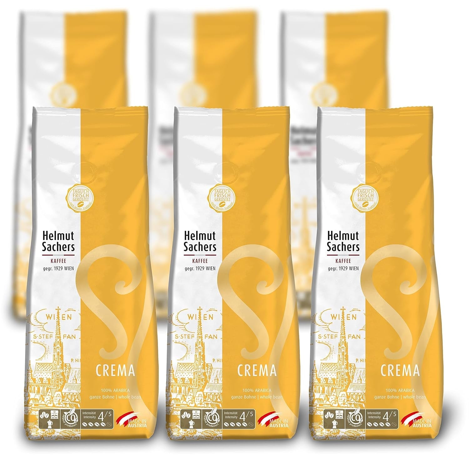 Café Helmut Sachers - Crema, concentración 4/5, 100% Arábica, granos de café enteros, 6 x 500 g