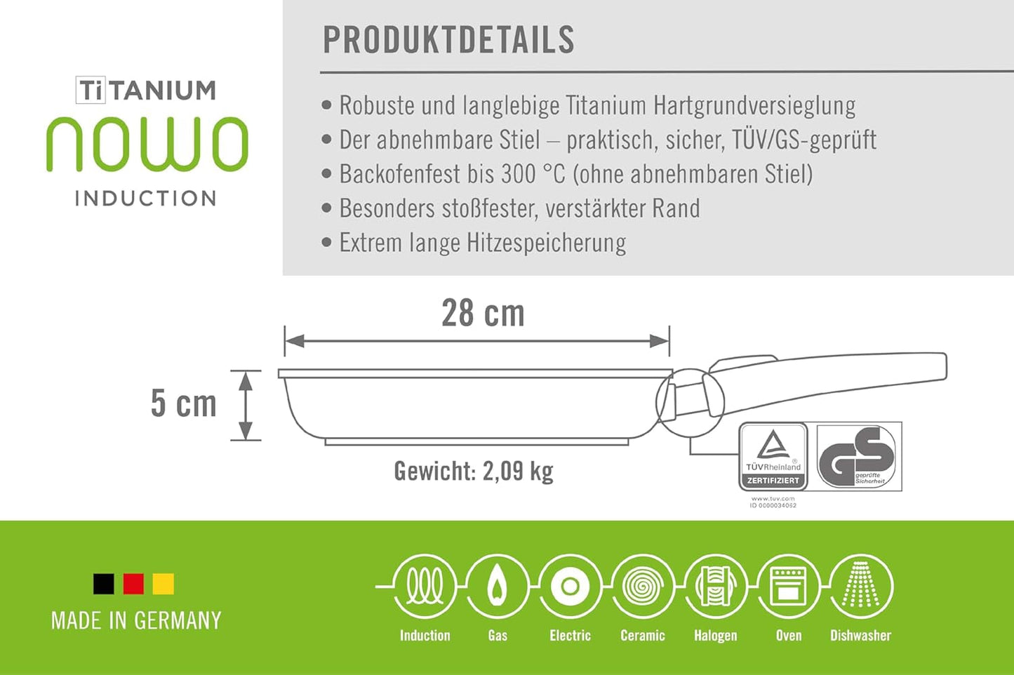 Sartén Woll Nowo Titanium - Inducción, 5 Cm de altura, mango extraíble - para todo tipo de fuegos, Aluminio fundido, revestimiento antiadherente Ollas y Sartenes Naty Shop