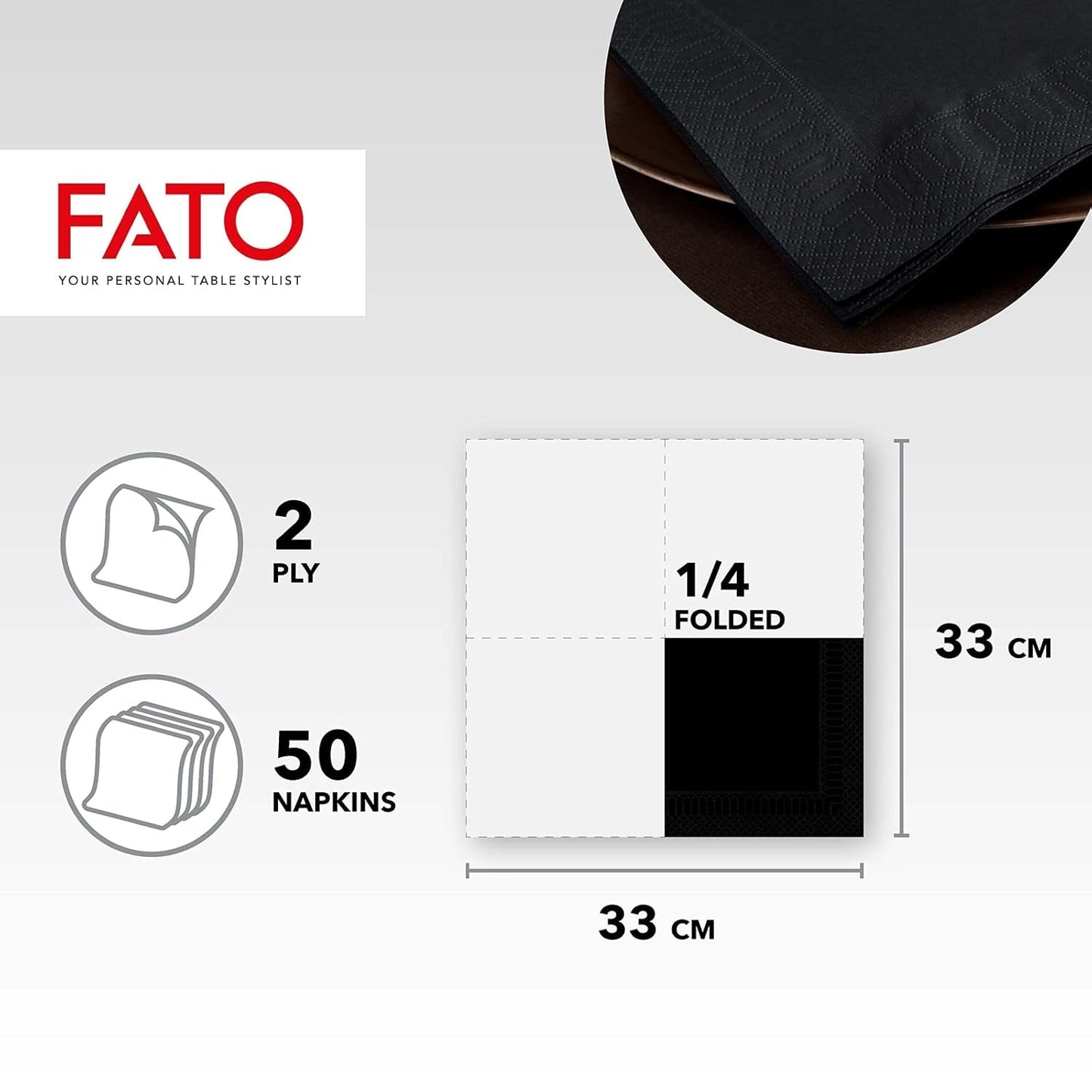 , Servilletas de papel desechables, ideales para almuerzos informales y buffets, paquete de 50 servilletas, tamaño 33X33, 4 capas, 2 capas, negro, certificado Fsc (paquete de 2)